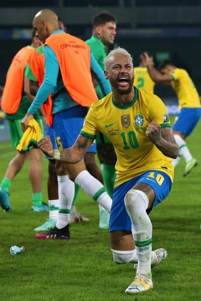 Neymar Jr. Of Brazil celebrates after winning the Group B match between Brazil and Colombia as part of Copa America Brazil 2021 at Estadio Olímpico...
