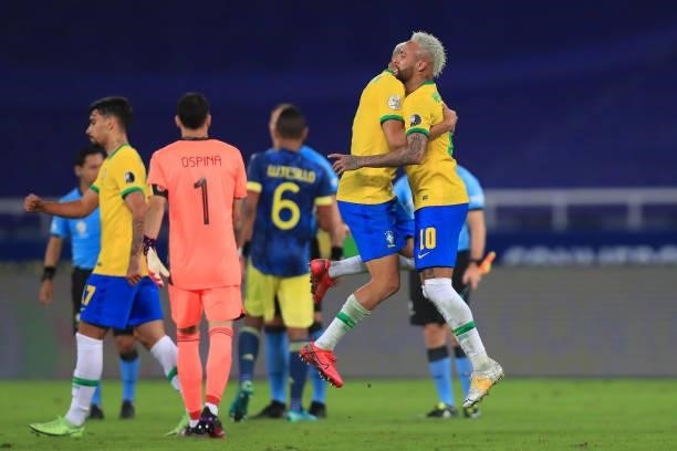 Neymar Jr. Of Brazil celebrates with Richarlison after winning a Group B match between Brazil and Colombia as part of Copa America Brazil 2021 at...