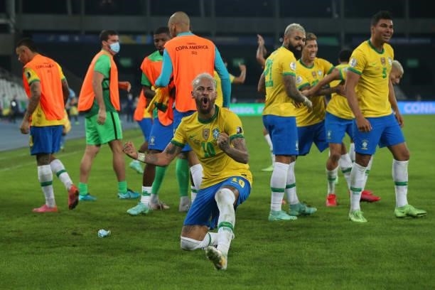 Neymar Jr. Of Brazil celebrates after winning the Group B match between Brazil and Colombia as part of Copa America Brazil 2021 at Estadio Olímpico...