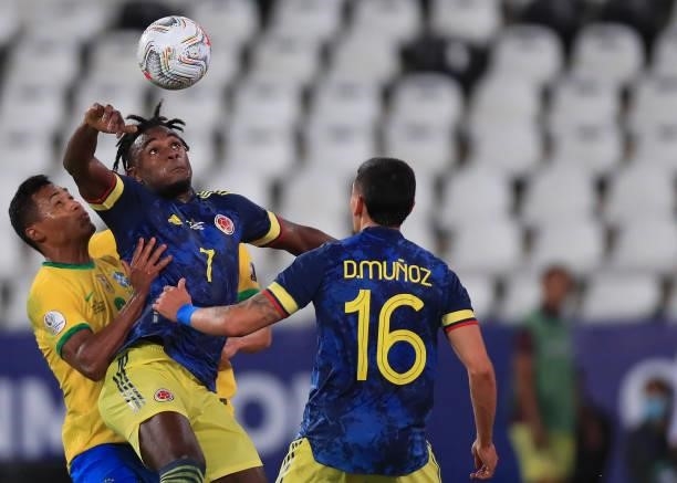 Duvan Zapata of Colombia heads the ball during a Group B match between Brazil and Colombia as part of Copa America Brazil 2021 at Estadio Olímpico...