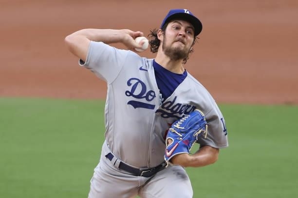 Trevor Bauer of the Los Angeles Dodgers pitches during the first inning of a game against the San Diego Padres at PETCO Park on June 23, 2021 in San...