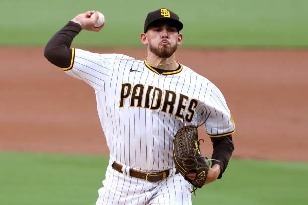 Joe Musgrove of the San Diego Padres pitches during the first inning of a game against the Los Angeles Dodgers at PETCO Park on June 23, 2021 in San...