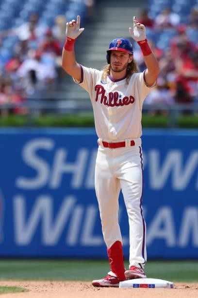Travis Jankowski of the Philadelphia Phillies gestures after he hit a double against the Washington Nationals during the fourth inning of a game at...