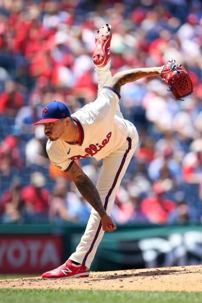 Vince Velasquez in action against the Washington Nationals during a game at Citizens Bank Park on June 23, 2021 in Philadelphia, Pennsylvania.