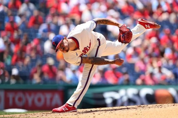 Vince Velasquez in action against the Washington Nationals during a game at Citizens Bank Park on June 23, 2021 in Philadelphia, Pennsylvania.