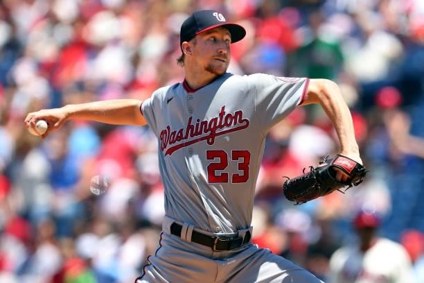 Erick Fedde of the Washington Nationals in action against the Philadelphia Phillies during a game at Citizens Bank Park on June 23, 2021 in...