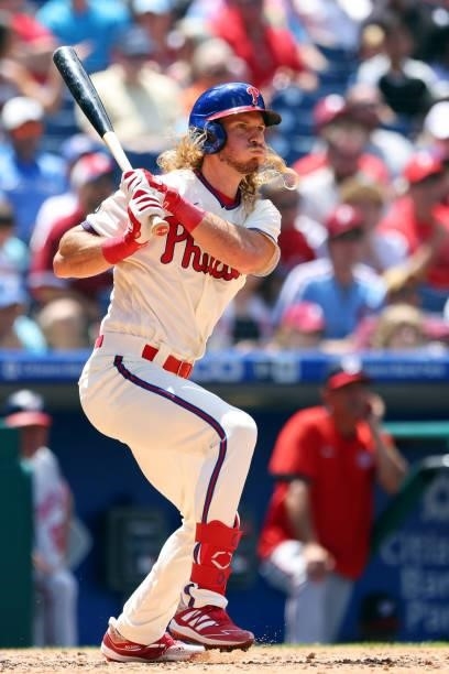 Travis Jankowski of the Philadelphia Phillies hits a double against the Washington Nationals during the fourth inning of a game at Citizens Bank Park...