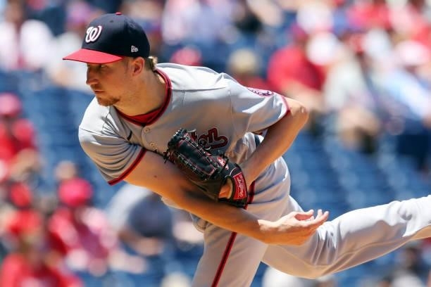 Erick Fedde of the Washington Nationals in action against the Philadelphia Phillies during a game at Citizens Bank Park on June 23, 2021 in...