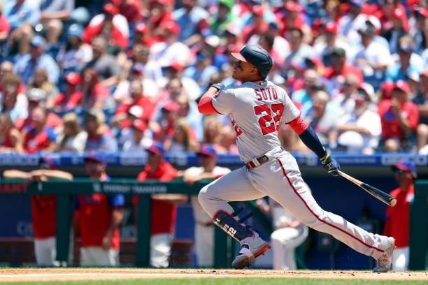 Juan Soto of the Washington Nationals in action against the Philadelphia Phillies during a game at Citizens Bank Park on June 23, 2021 in...