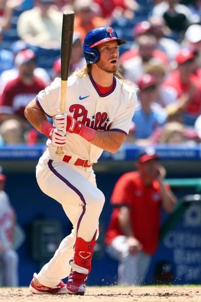 Travis Jankowski of the Philadelphia Phillies hits a double against the Washington Nationals during the fourth inning of a game at Citizens Bank Park...