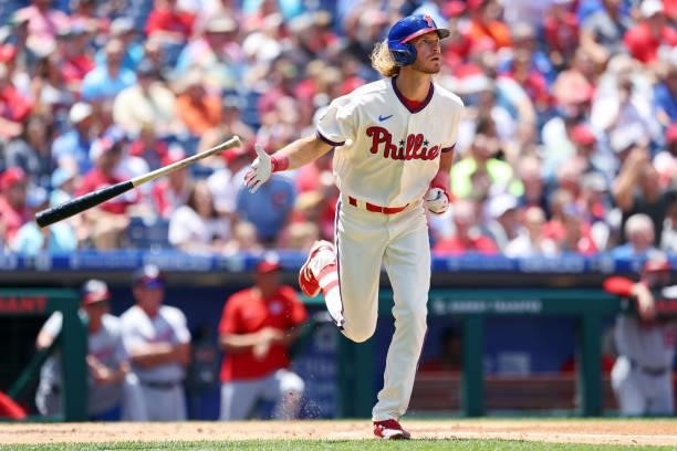 Travis Jankowski of the Philadelphia Phillies hits a three-run home run against the Washington Nationals during the second inning of a game at...