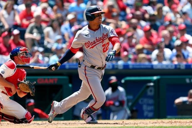 Juan Soto of the Washington Nationals in action against the Philadelphia Phillies during a game at Citizens Bank Park on June 23, 2021 in...
