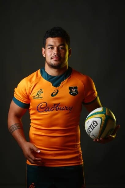 Hunter Paisami poses during the Australian Wallabies player portrait session at Event Cinemas Coomera on June 23, 2021 in Gold Coast, Australia.