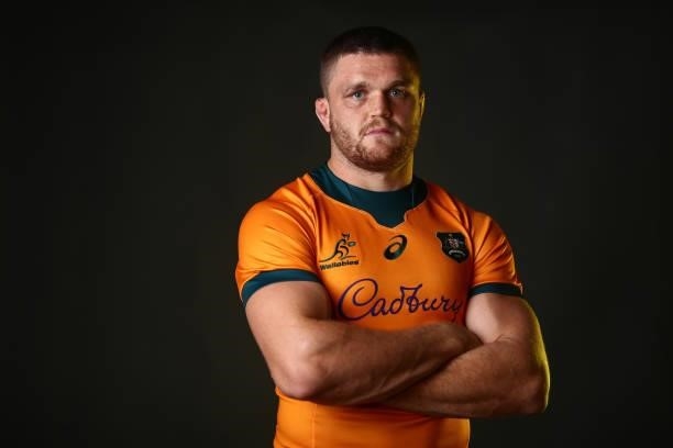 Lachlan Swinton poses during the Australian Wallabies player portrait session at Event Cinemas Coomera on June 23, 2021 in Gold Coast, Australia.