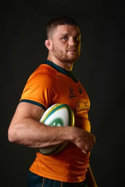 Lachlan Swinton poses during the Australian Wallabies player portrait session at Event Cinemas Coomera on June 23, 2021 in Gold Coast, Australia.
