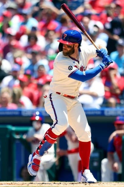 Bryce Harper of the Philadelphia Phillies in action against the Washington Nationals during a game at Citizens Bank Park on June 23, 2021 in...