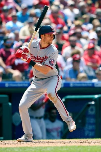 Trea Turner of the Washington Nationals in action against the Philadelphia Phillies during a game at Citizens Bank Park on June 23, 2021 in...