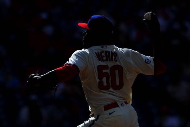 Hector Neris of the Philadelphia Phillies in action against the Washington Nationals during a game at Citizens Bank Park on June 23, 2021 in...