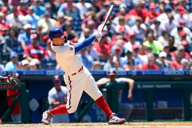 Rhys Hoskins of the Philadelphia Phillies in action against the Washington Nationals during a game at Citizens Bank Park on June 23, 2021 in...