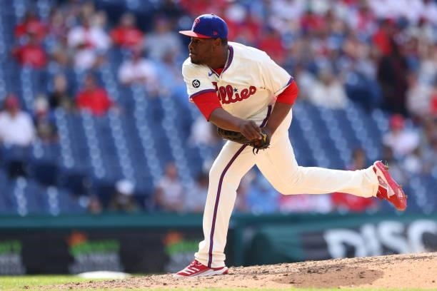 Hector Neris of the Philadelphia Phillies in action against the Washington Nationals during a game at Citizens Bank Park on June 23, 2021 in...