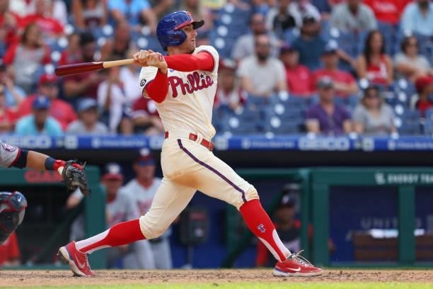 Brad Miller of the Philadelphia Phillies in action against the Washington Nationals during a game at Citizens Bank Park on June 23, 2021 in...