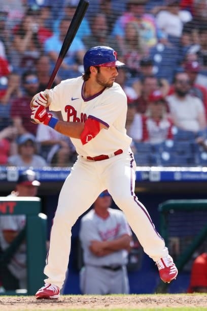 Matt Vierling of the Philadelphia Phillies in action against the Washington Nationals during a game at Citizens Bank Park on June 23, 2021 in...