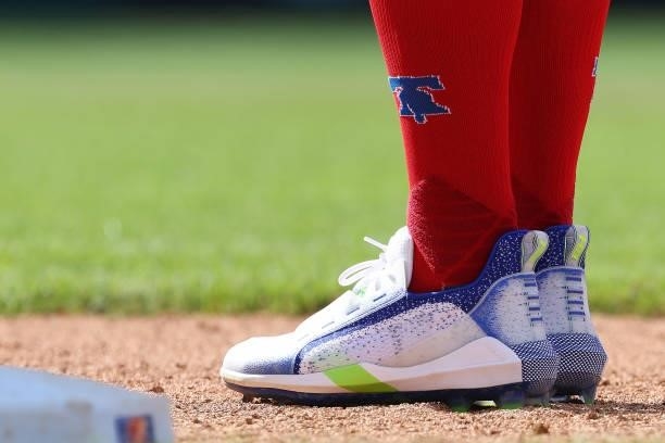 The Under Armour shoes worn by Bryce Harper of the Philadelphia Phillies in action against the Washington Nationals during a game at Citizens Bank...
