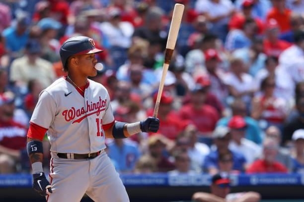 Starlin Castro of the Washington Nationals in action against the Philadelphia Phillies during a game at Citizens Bank Park on June 23, 2021 in...