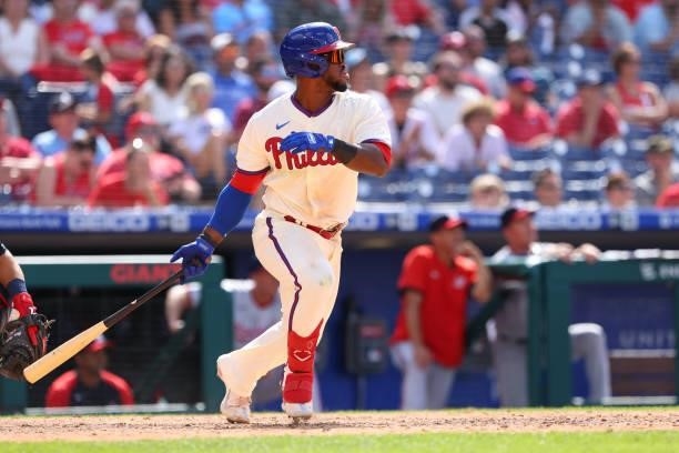 Odubel Herrera of the Philadelphia Phillies in action against the Washington Nationals during a game at Citizens Bank Park on June 23, 2021 in...
