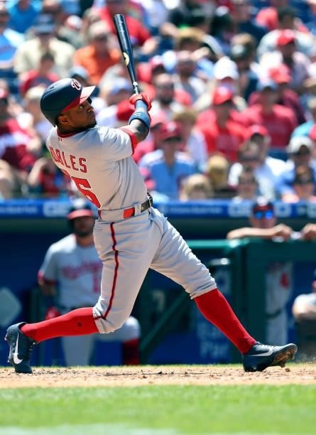 Victor Robles of the Washington Nationals in action against the Philadelphia Phillies during a game at Citizens Bank Park on June 23, 2021 in...
