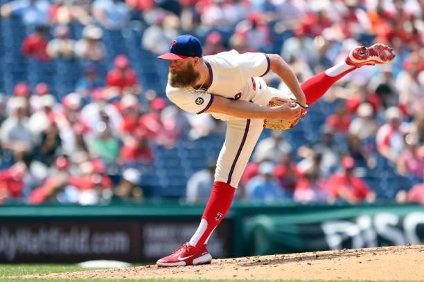 Archie Bradley of the Philadelphia Phillies in action against the Washington Nationals during a game at Citizens Bank Park on June 23, 2021 in...