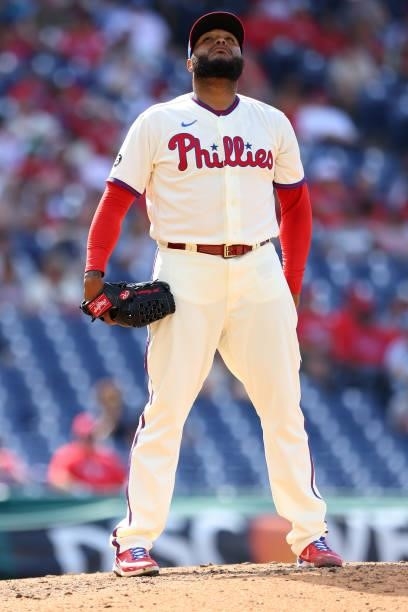 Jose Alvarado of the Philadelphia Phillies in action against the Washington Nationals during a game at Citizens Bank Park on June 23, 2021 in...