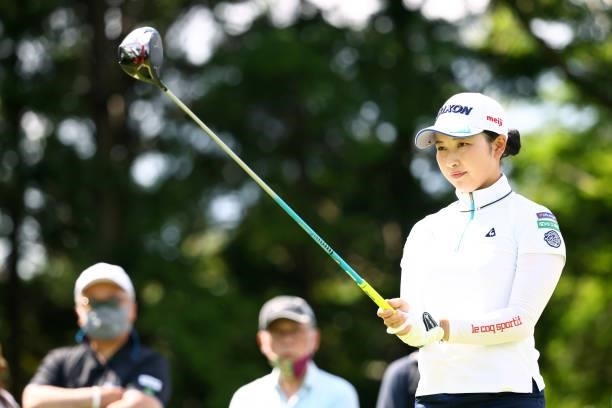Sakura Koiwai of Japan is seen before her tee shot on the 8th hole during the first round of the Earth Mondamin Cup at Camellia Hills Country Club on...