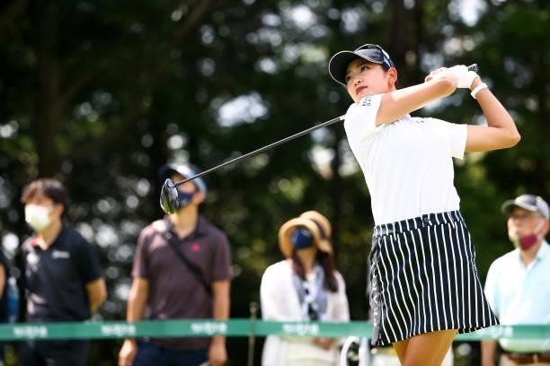 Erika Hara of Japan hits her tee shot on the 8th hole during the first round of the Earth Mondamin Cup at Camellia Hills Country Club on June 24,...