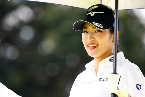 Erika Hara of Japan smiles on the 8th hole during the first round of the Earth Mondamin Cup at Camellia Hills Country Club on June 24, 2021 in...