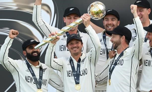Watling of New Zealand holds the Test mace aloft with team mates Ajaz Patel , Devon Conway and Neil Wagner after New Zealand won the ICC World Test...