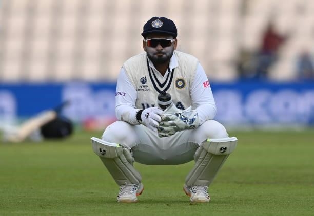 Rishabh Pant of India takes a break during the ICC World Test Championship Final between India and New Zealand at The Hampshire Bowl on June 23, 2021...