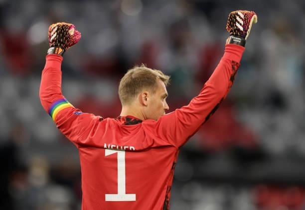 Manuel Neuer of germany with rainbow captains armband reacts during the UEFA Euro 2020 Championship Group F match between Germany and Hungary at...
