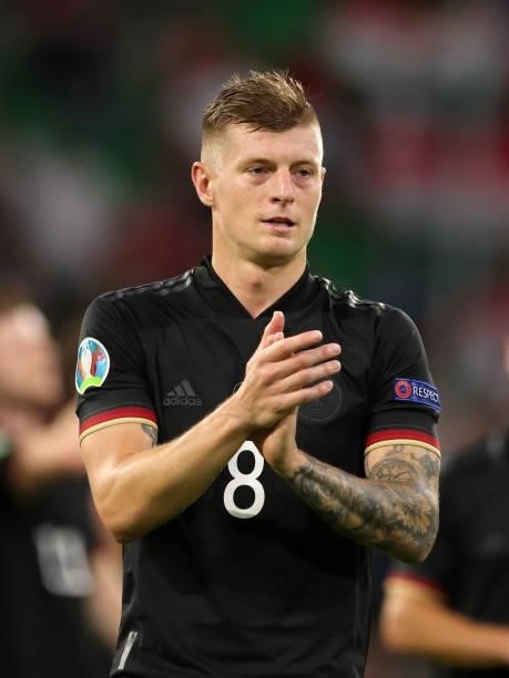 Toni Kross of germany reacts during the UEFA Euro 2020 Championship Group F match between Germany and Hungary at Allianz Arena on June 23, 2021 in...