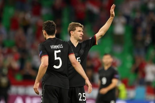 Thomas Mueller of germany and Mats Hummels of germany during the UEFA Euro 2020 Championship Group F match between Germany and Hungary at Allianz...