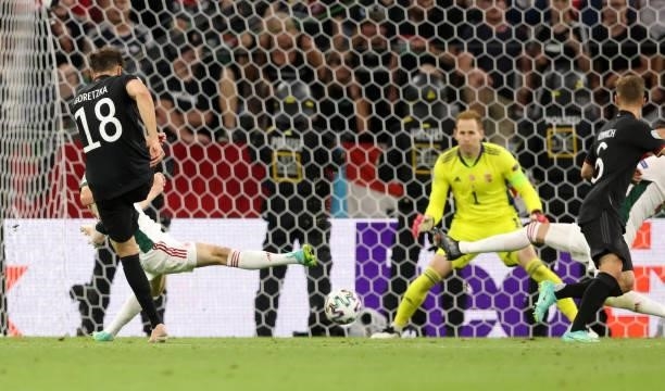 Leon Goretzka of germany scores the goal 2:2 Peter Gulacsi of Hungary during the UEFA Euro 2020 Championship Group F match between Germany and...