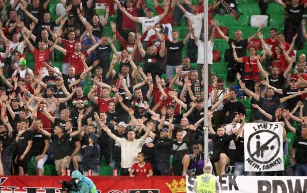 Hungarian Fans with a antihomosexuel poster during the UEFA Euro 2020 Championship Group F match between Germany and Hungary at Allianz Arena on June...