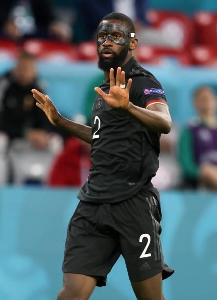 Antonio Ruediger of germany reacts during the UEFA Euro 2020 Championship Group F match between Germany and Hungary at Allianz Arena on June 23, 2021...