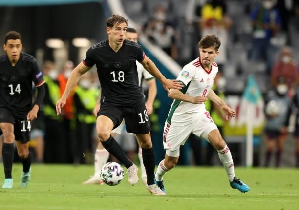Leon Goretzka of germany vies with Adam Nagy of Hungary during the UEFA Euro 2020 Championship Group F match between Germany and Hungary at Allianz...