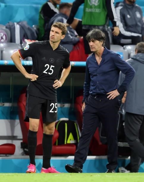 Thomas Mueller of germany and Head coach Joachim Jogi Loew of germany during the UEFA Euro 2020 Championship Group F match between Germany and...