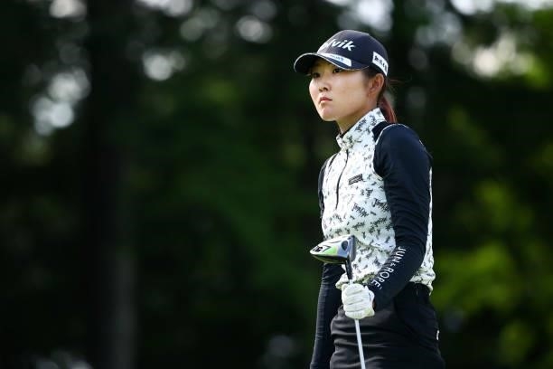 Rio Ishii of Japan reacts after her tee shot on the 8th hole during the first round of the Earth Mondamin Cup at Camellia Hills Country Club on June...