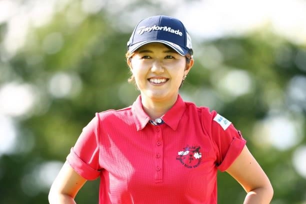 Karen Gondo of Japan smiles on the 8th hole during the first round of the Earth Mondamin Cup at Camellia Hills Country Club on June 24, 2021 in...