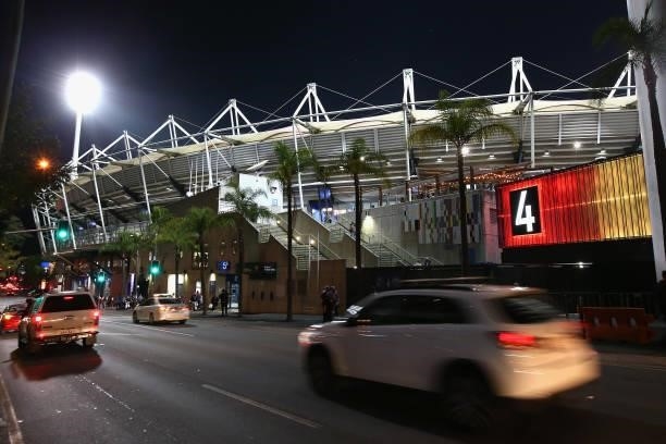 General view outside the Gabba during the round 14 AFL match between the Brisbane Lions and the Geelong Cats at The Gabba on June 24, 2021 in...