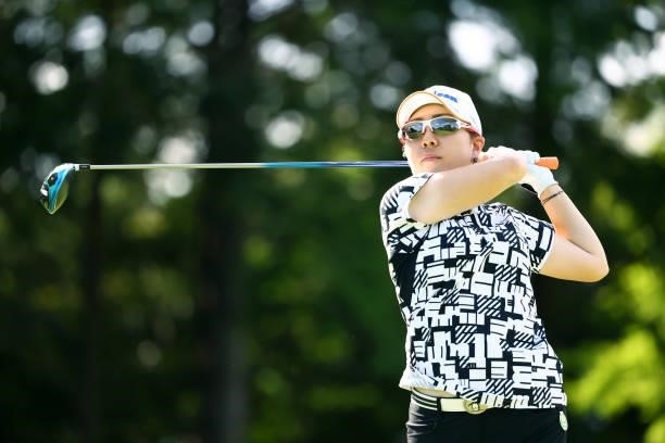 Mika Miyazato of Japan hits her tee shot on the 8th hole during the first round of the Earth Mondamin Cup at Camellia Hills Country Club on June 24,...