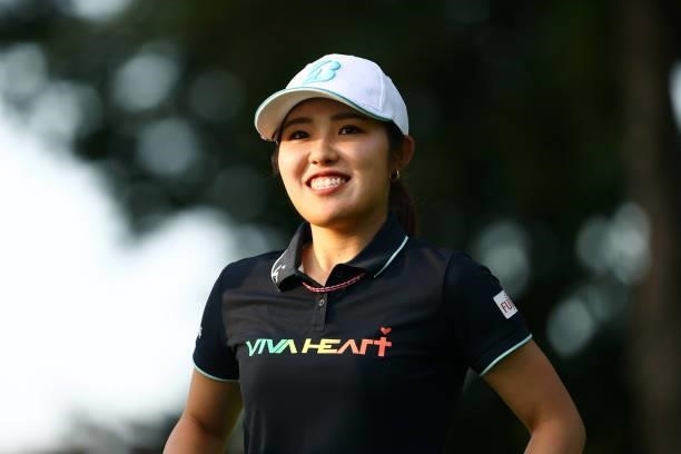 Ayaka Furue of Japan smiles on the 9th hole during the first round of the Earth Mondamin Cup at Camellia Hills Country Club on June 24, 2021 in...